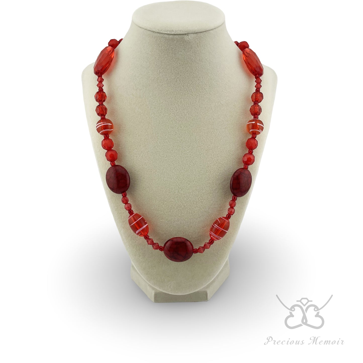 Red Bead Necklace w/ White Swirl Paint & Cracked Stone Design