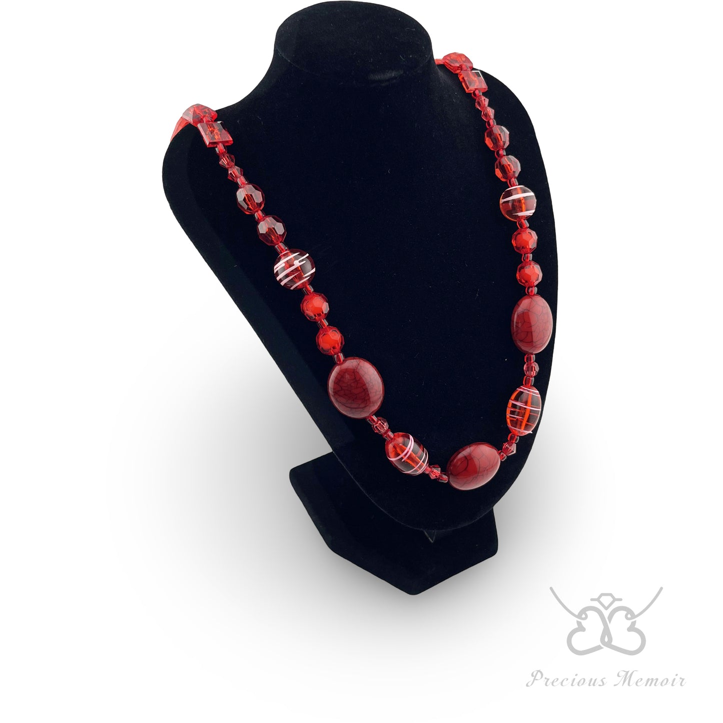 Red Bead Necklace w/ White Swirl Paint & Cracked Stone Design