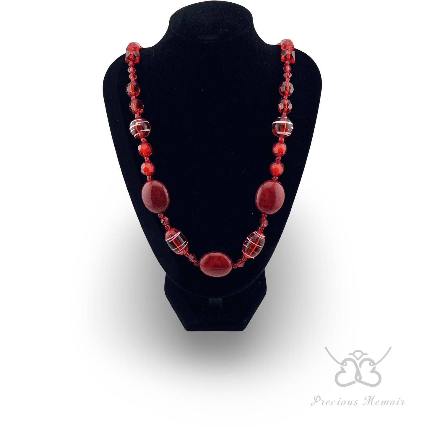 Red Bead Necklace w/ White Swirl Paint & Cracked Stone Design