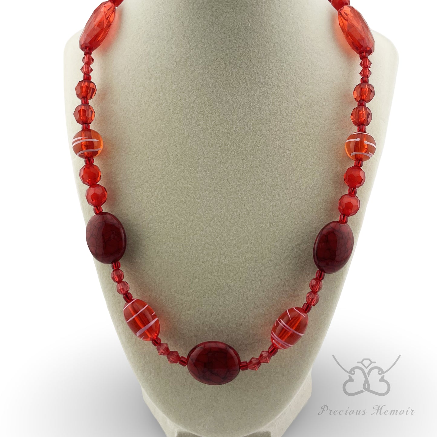 Red Bead Necklace w/ White Swirl Paint & Cracked Stone Design