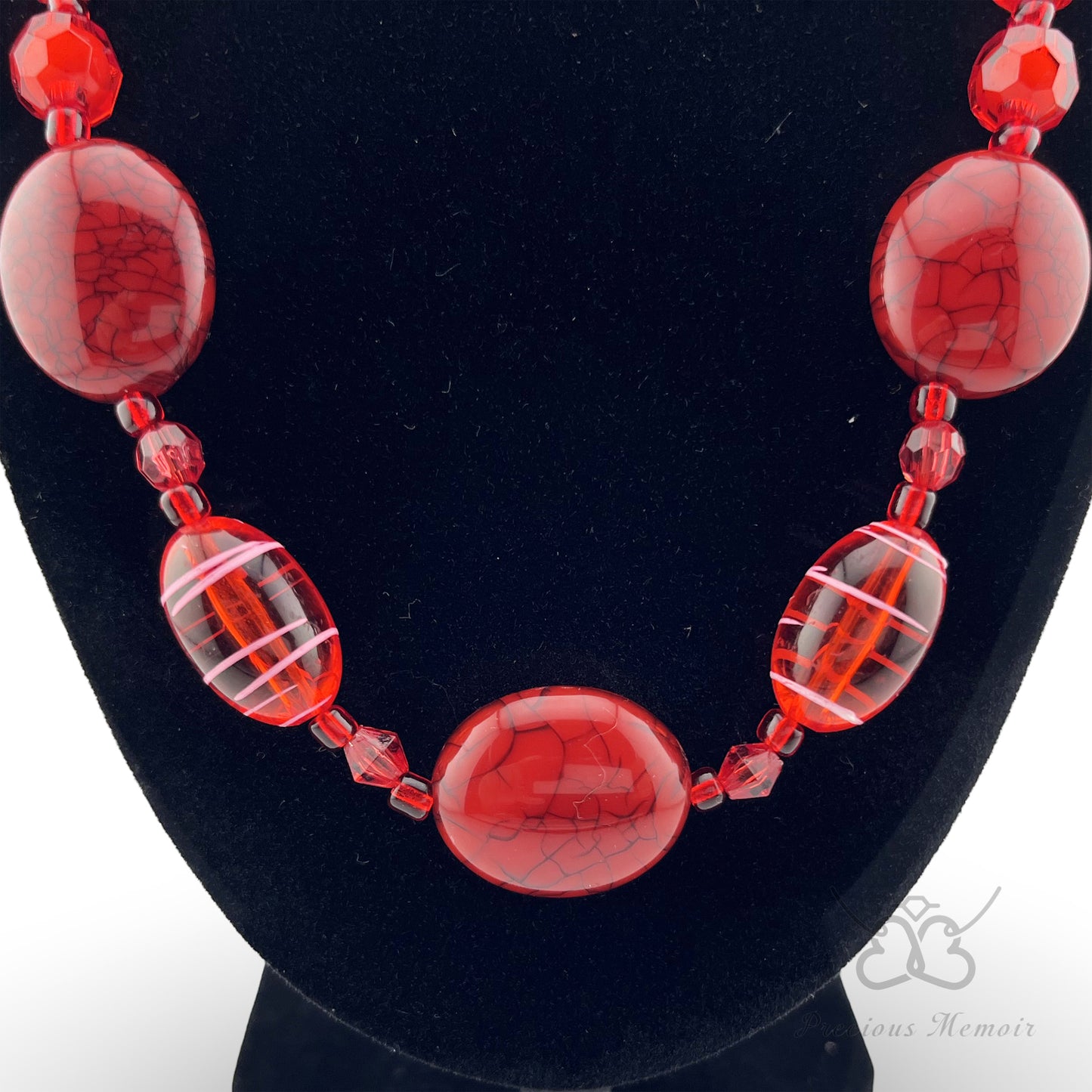 Red Bead Necklace w/ White Swirl Paint & Cracked Stone Design
