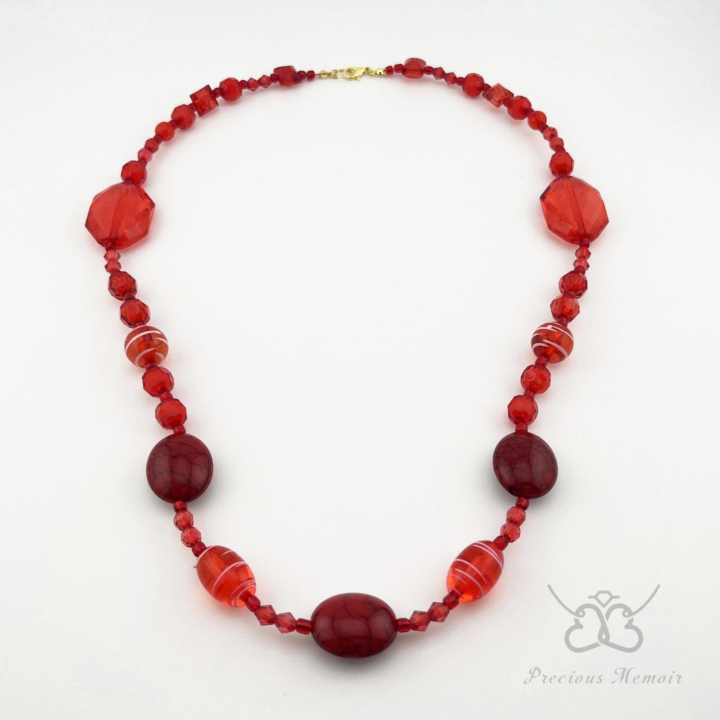 Red Bead Necklace w/ White Swirl Paint & Cracked Stone Design