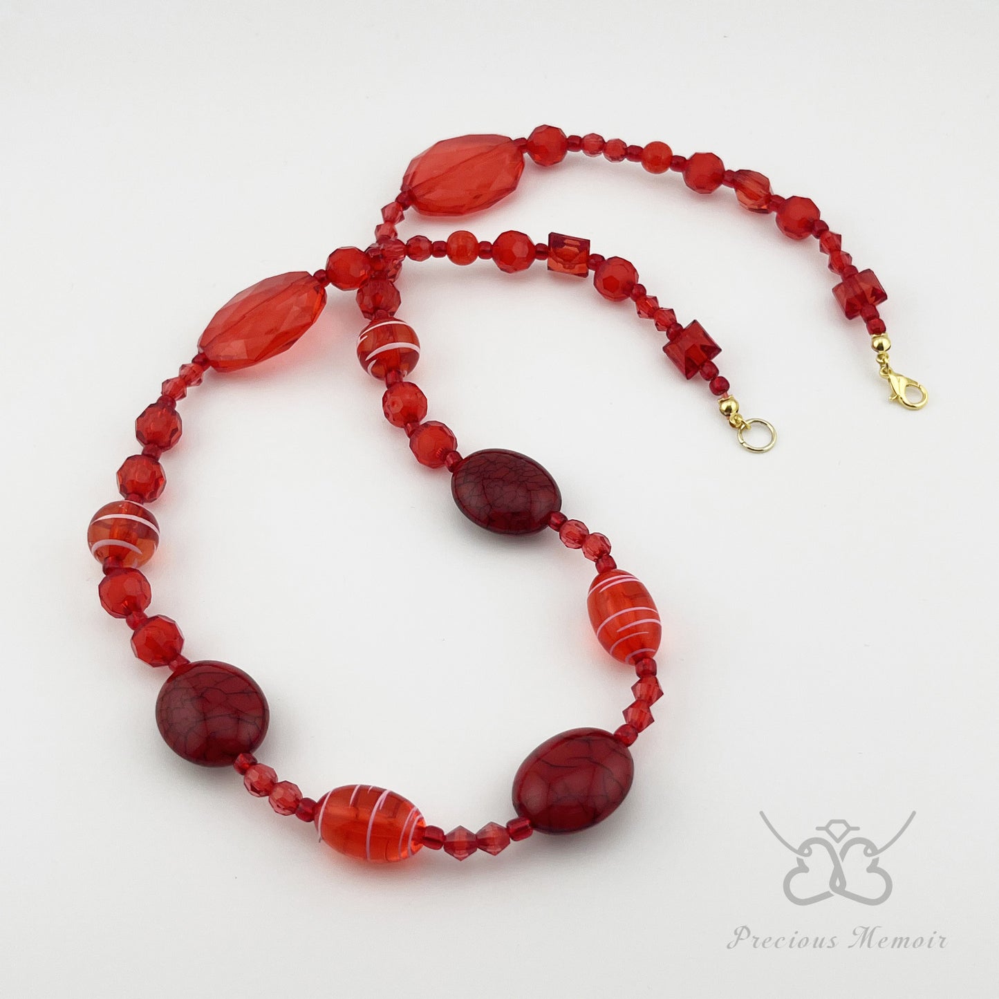 Red Bead Necklace w/ White Swirl Paint & Cracked Stone Design
