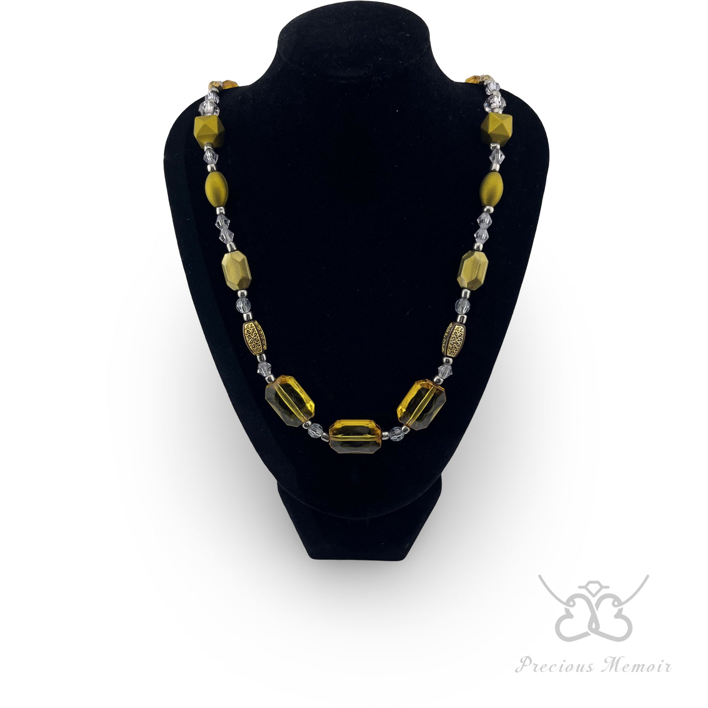 Gold Bead Necklace w/ Translucent Crystal & Antique Metal Design
