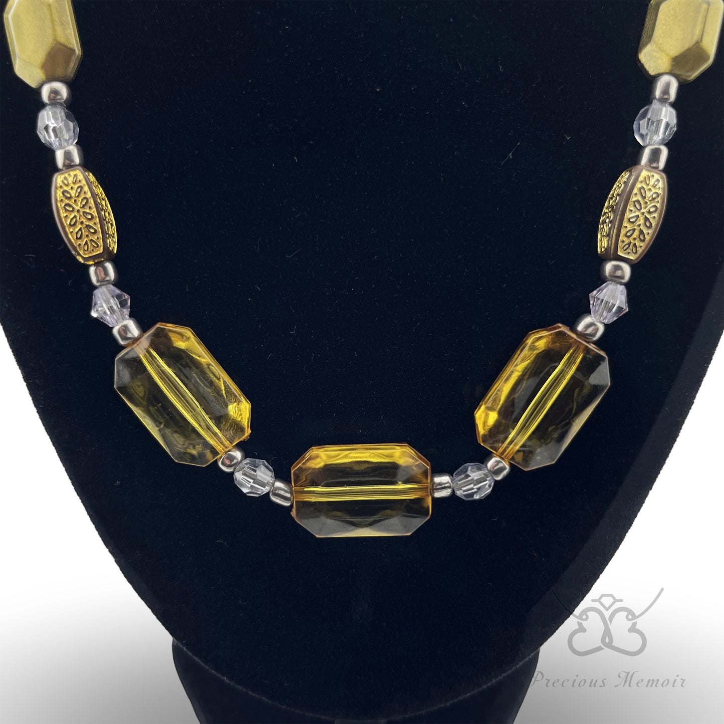 Gold Bead Necklace w/ Translucent Crystal & Antique Metal Design