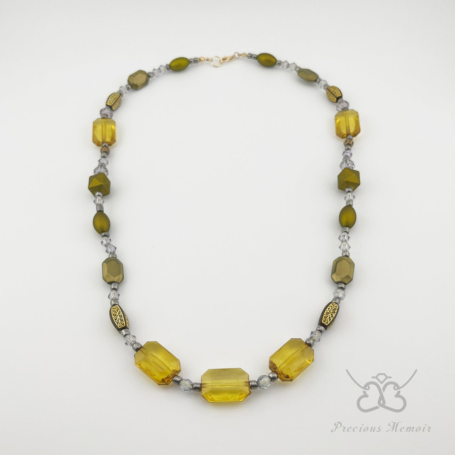 Gold Bead Necklace w/ Translucent Crystal & Antique Metal Design