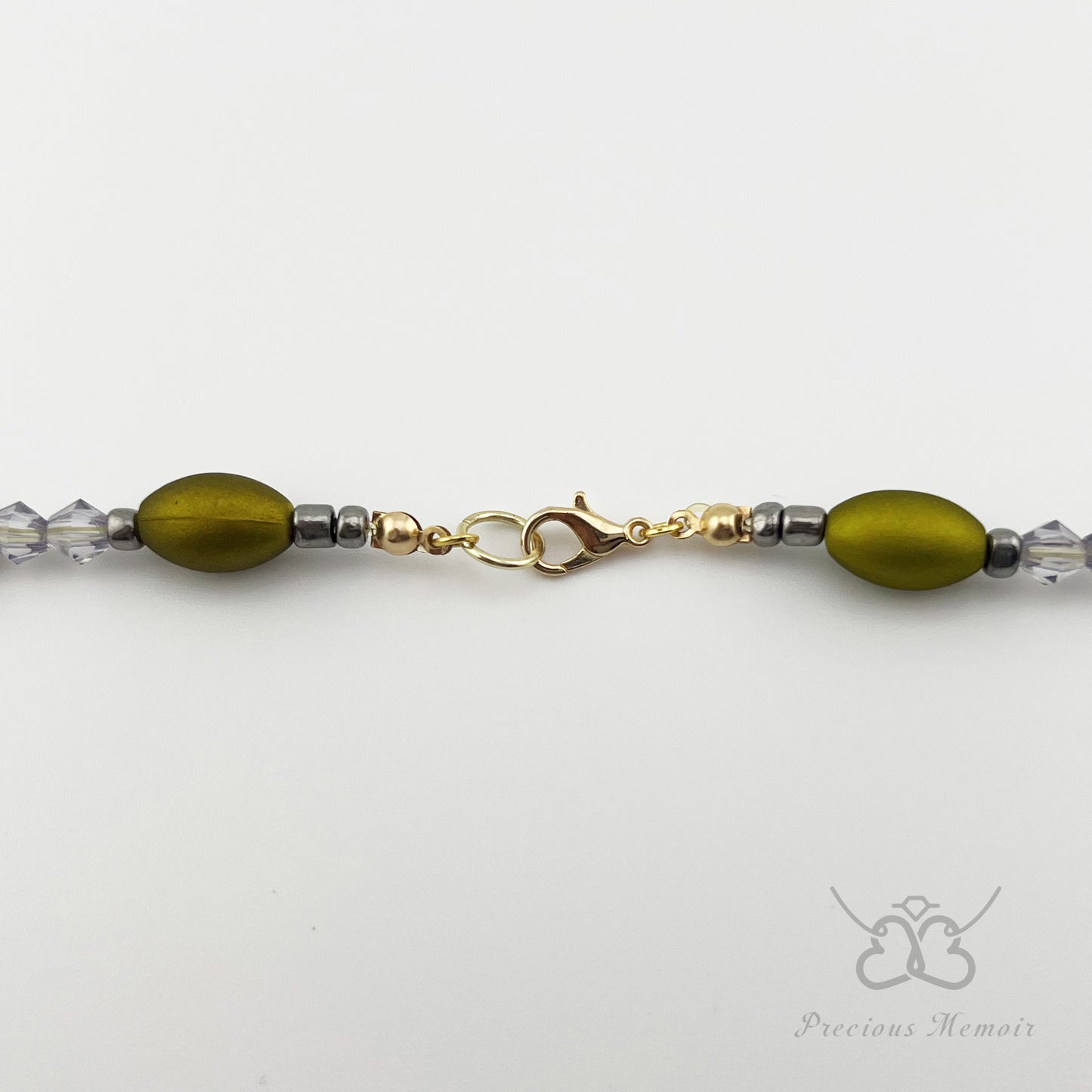 Gold Bead Necklace w/ Translucent Crystal & Antique Metal Design