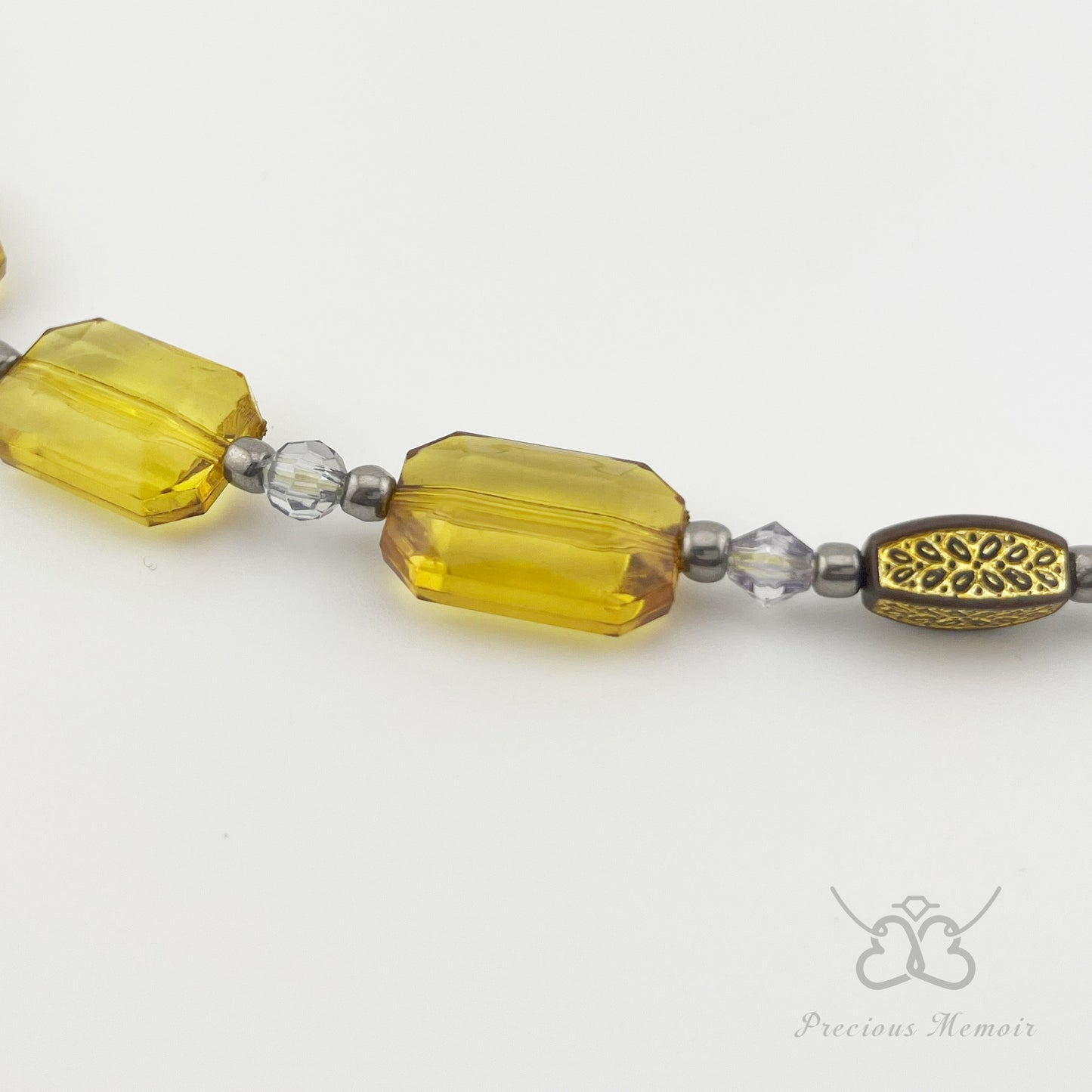 Gold Bead Necklace w/ Translucent Crystal & Antique Metal Design