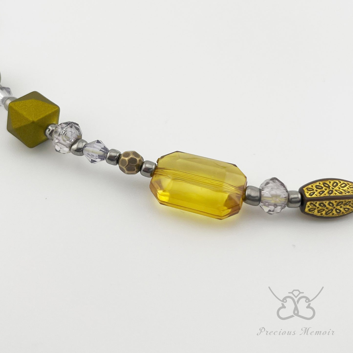 Gold Bead Necklace w/ Translucent Crystal & Antique Metal Design