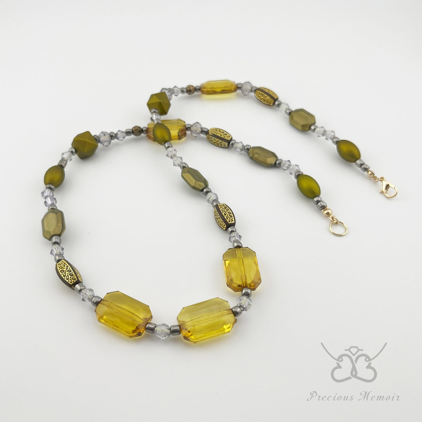 Gold Bead Necklace w/ Translucent Crystal & Antique Metal Design