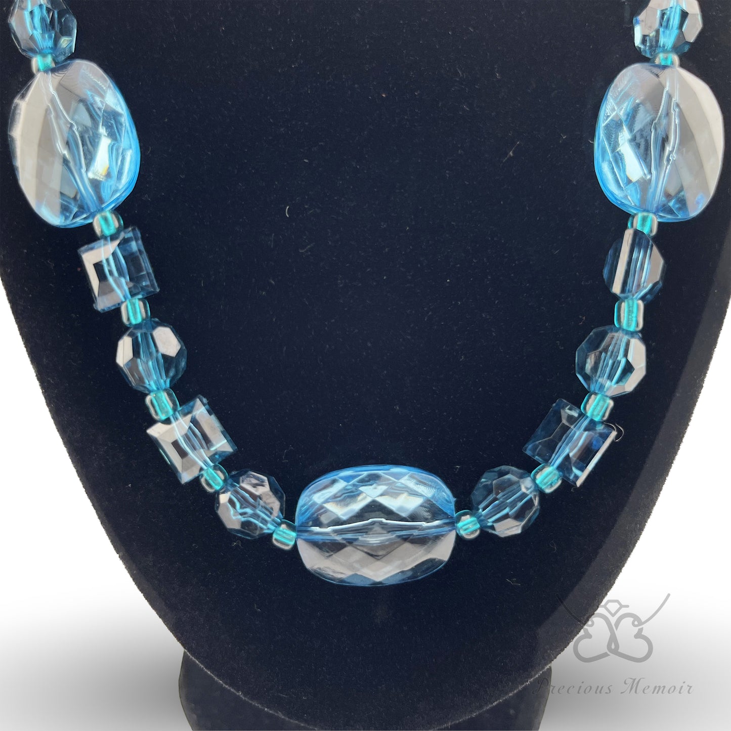 Blue Bead Necklace w/ Multi-Faceted Translucent Crystal Design