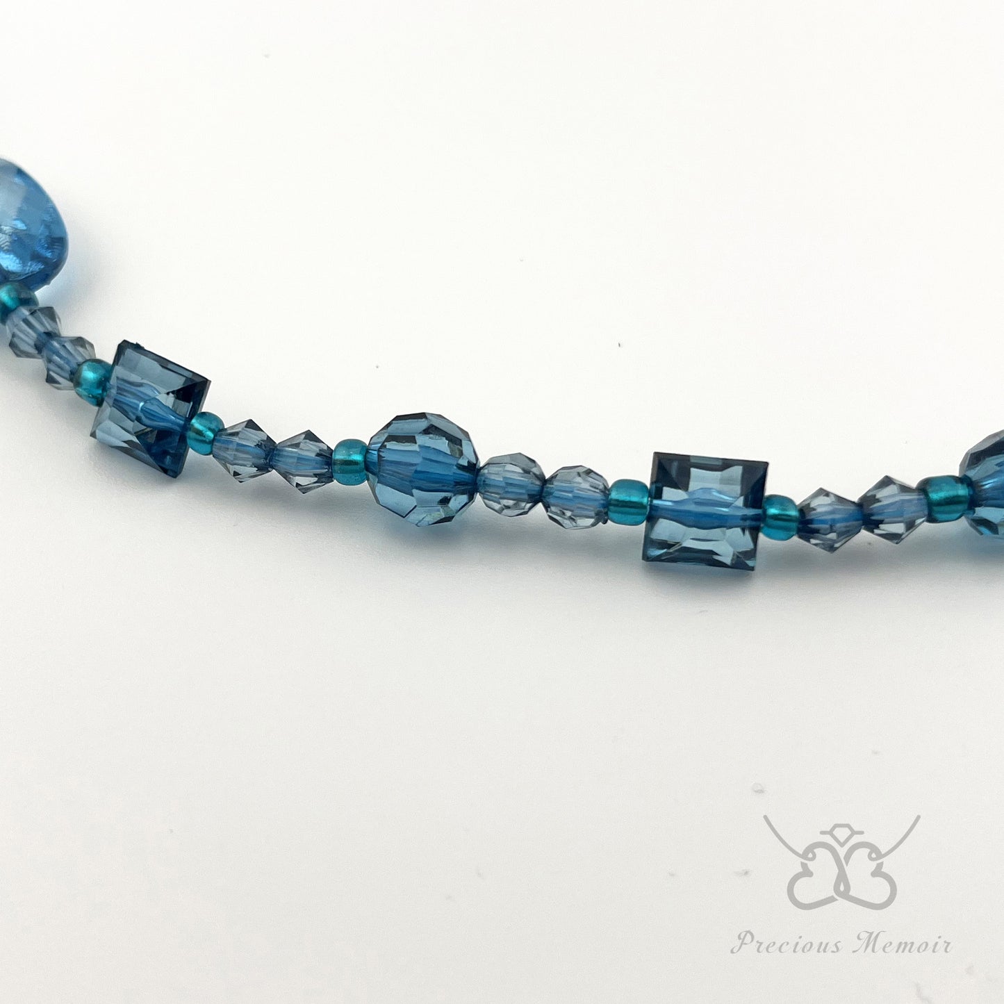 Blue Bead Necklace w/ Multi-Faceted Translucent Crystal Design
