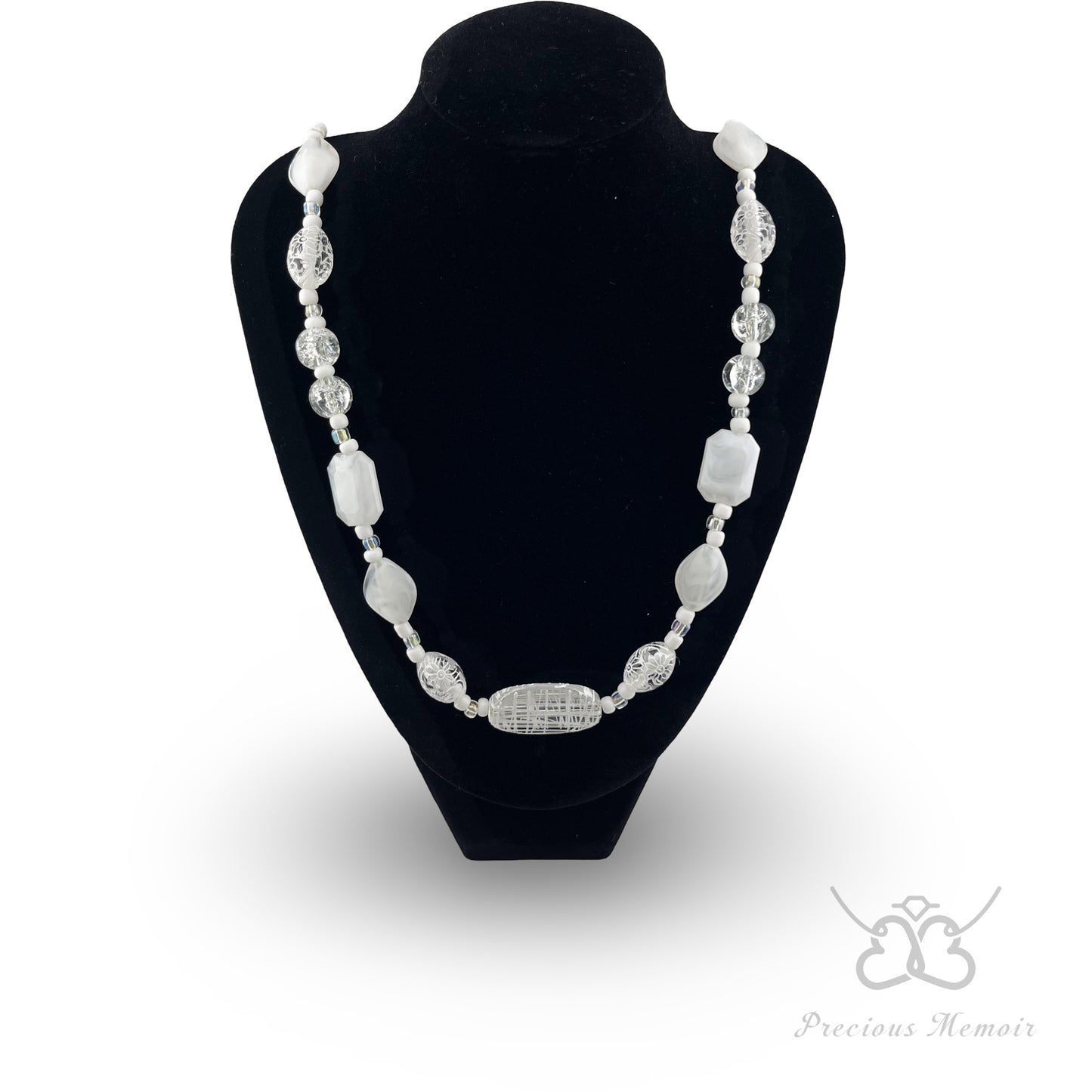 White Bead Necklace w/ Clouded Gems & Etched Flower Design