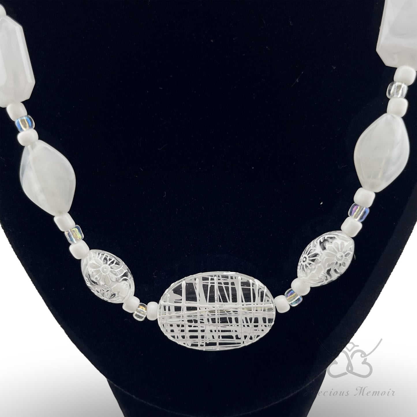 White Bead Necklace w/ Clouded Gems & Etched Flower Design