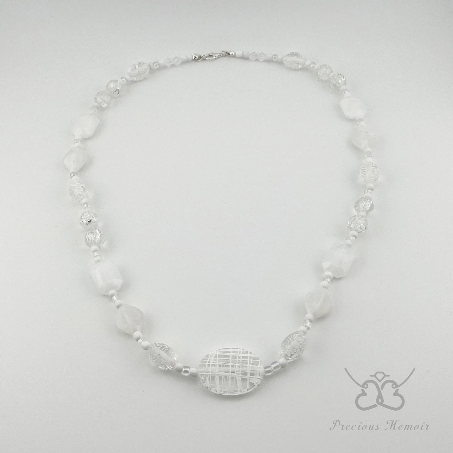 White Bead Necklace w/ Clouded Gems & Etched Flower Design