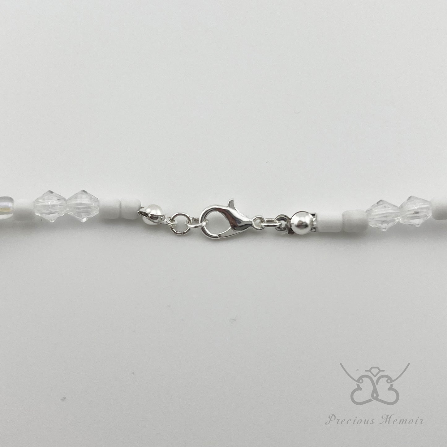 White Bead Necklace w/ Clouded Gems & Etched Flower Design