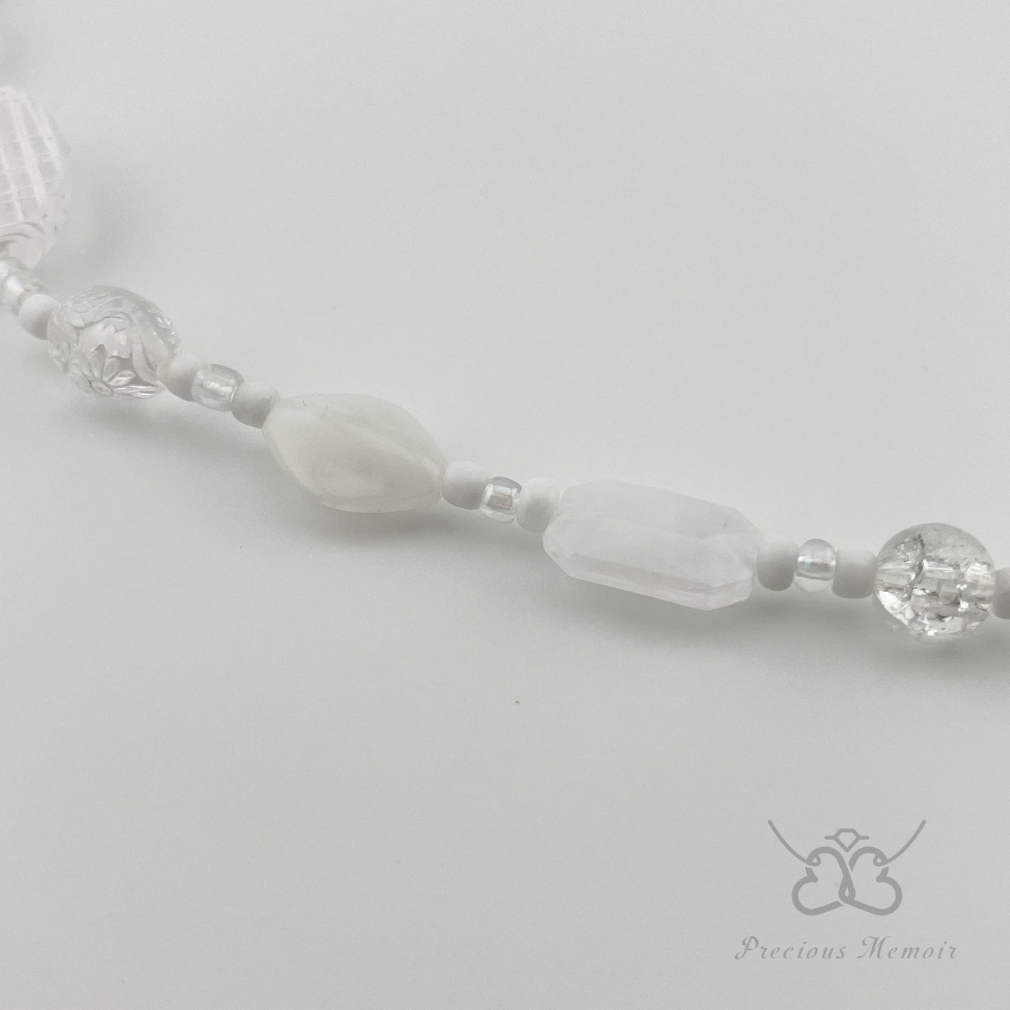 White Bead Necklace w/ Clouded Gems & Etched Flower Design