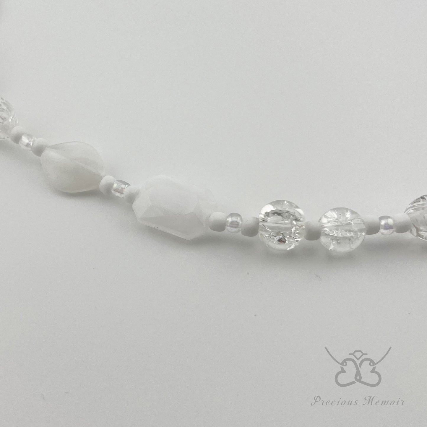 White Bead Necklace w/ Clouded Gems & Etched Flower Design