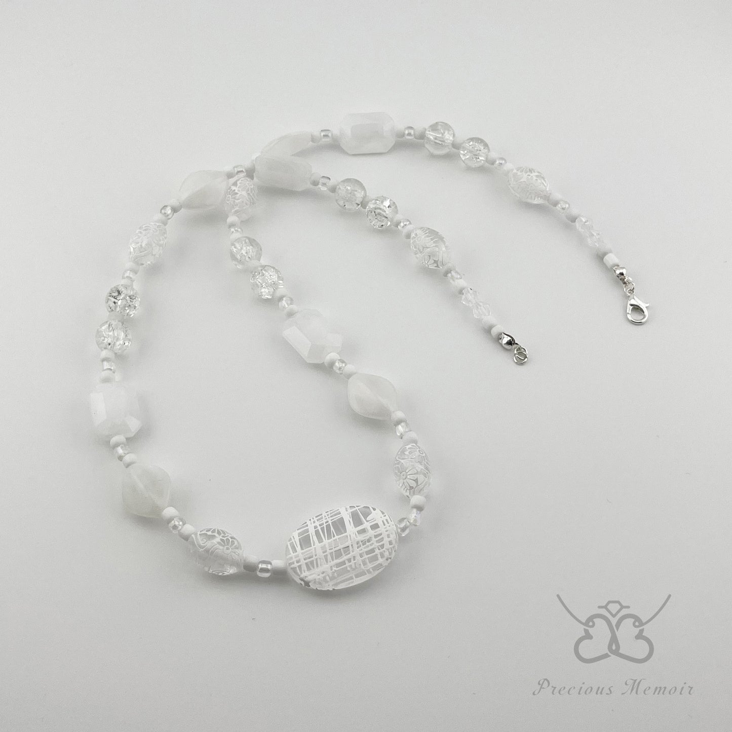 White Bead Necklace w/ Clouded Gems & Etched Flower Design