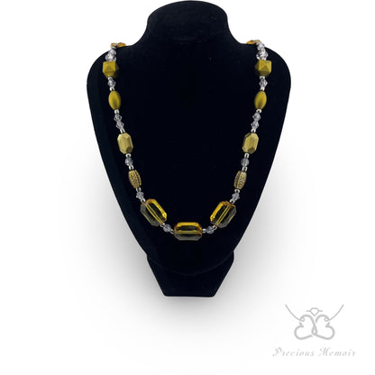 Gold Bead Necklace w/ Translucent Crystal & Antique Metal Design