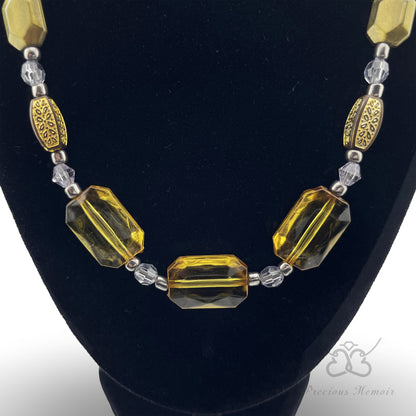 Gold Bead Necklace w/ Translucent Crystal & Antique Metal Design