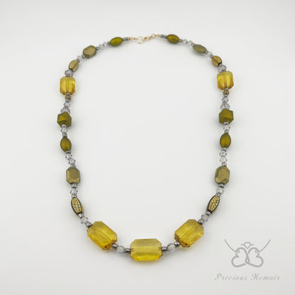 Gold Bead Necklace w/ Translucent Crystal & Antique Metal Design