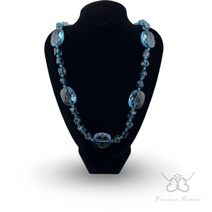 Blue Bead Necklace w/ Multi-Faceted Translucent Crystal Design