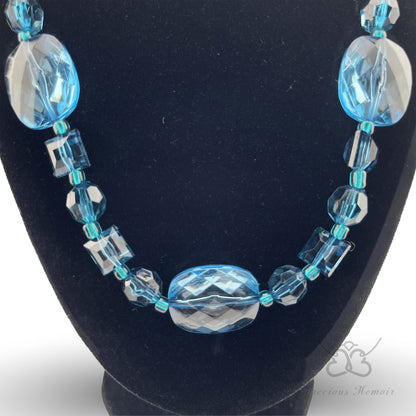 Blue Bead Necklace w/ Multi-Faceted Translucent Crystal Design
