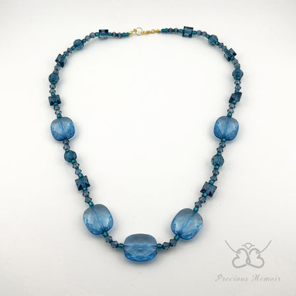 Blue Bead Necklace w/ Multi-Faceted Translucent Crystal Design