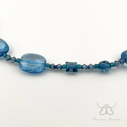 Blue Bead Necklace w/ Multi-Faceted Translucent Crystal Design
