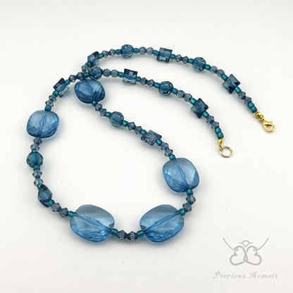 Blue Bead Necklace w/ Multi-Faceted Translucent Crystal Design