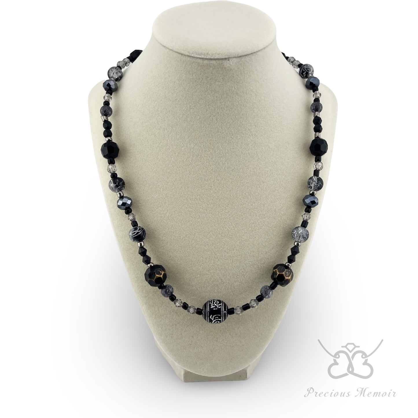 Black Bead Necklace w/ Polished Stone & Crystal Crack Design, 23"