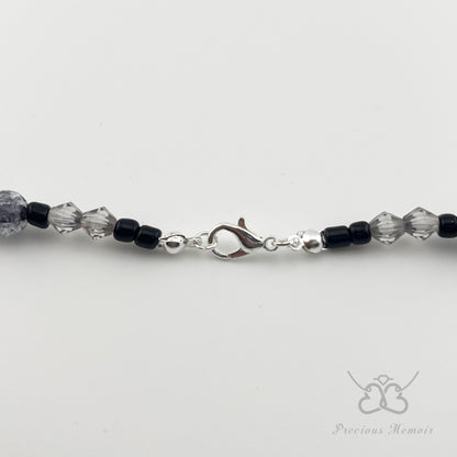 Black Bead Necklace w/ Polished Stone & Crystal Crack Design, 23"