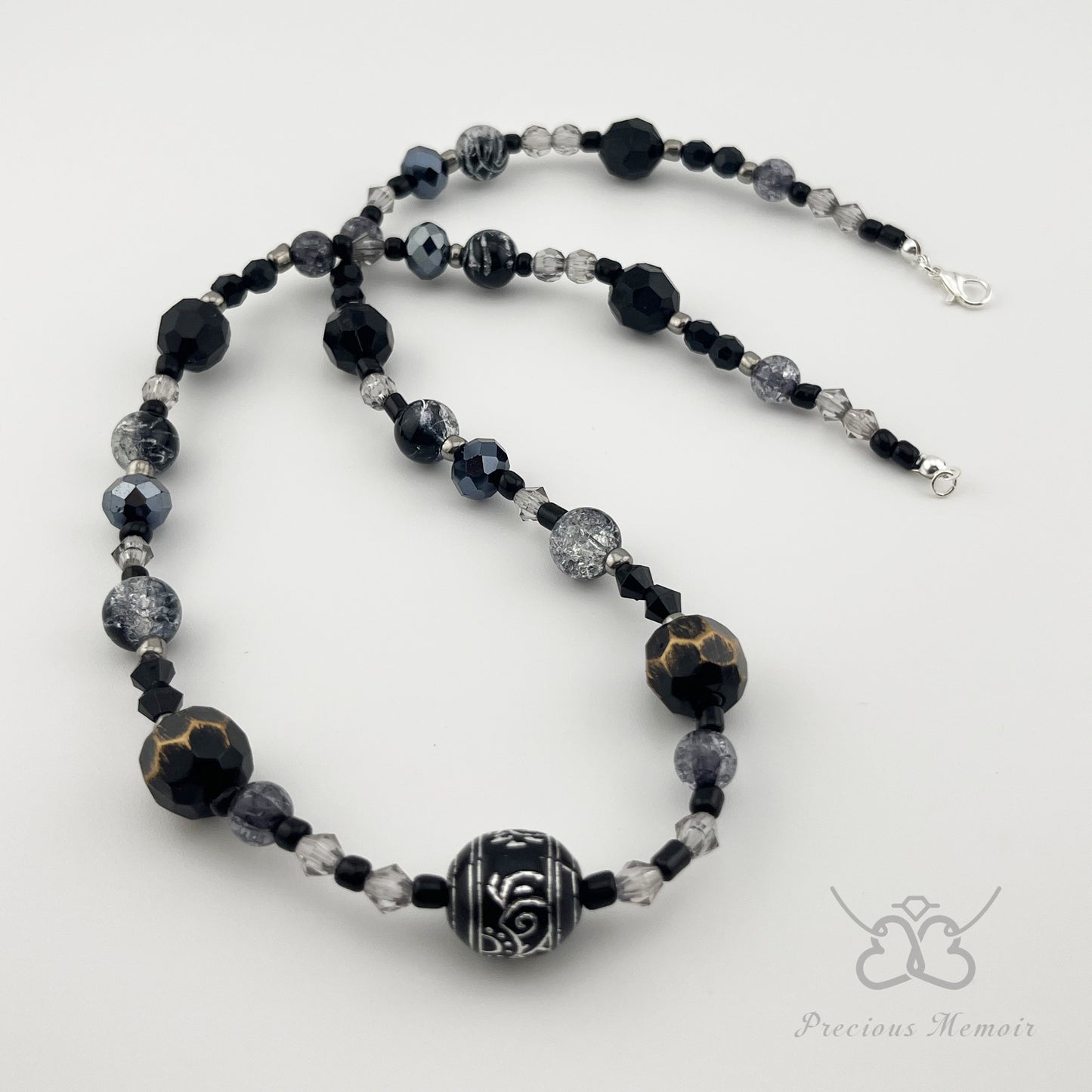 Black Bead Necklace w/ Polished Stone & Crystal Crack Design, 23"